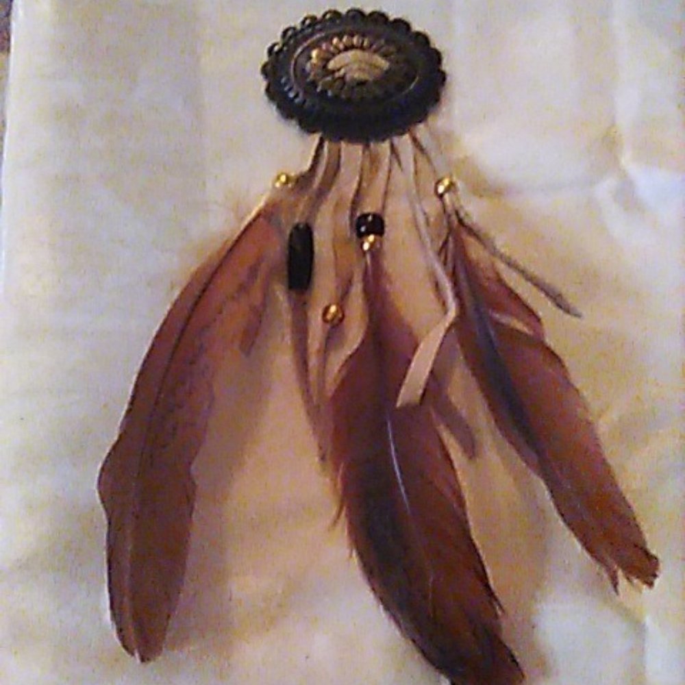 Vintage Button Cover Oval Concho/Leather/Feathers Handmade in 90's Western